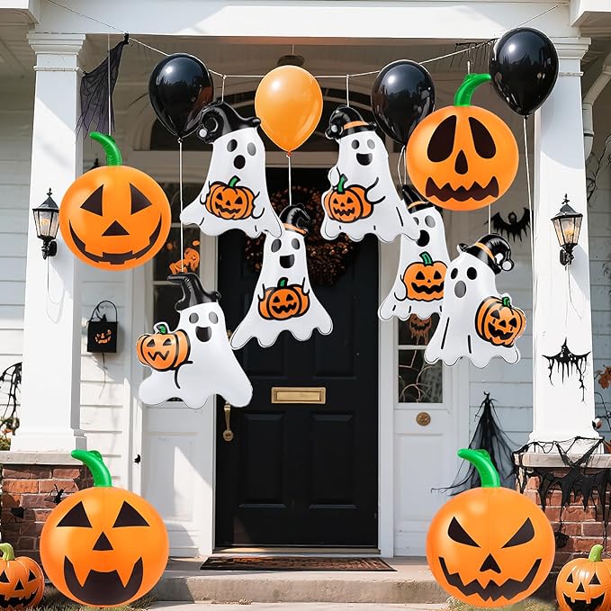 10 Packs 16 Inches Halloween Inflatable Pumpkin&Ghost Outdoor Decorations PVC Inflatable Hanging Pumpkin&Ghost Ornaments Blow Up Pumpkin&Ghost for Halloween Party Yard Garden Outdoor Decoration