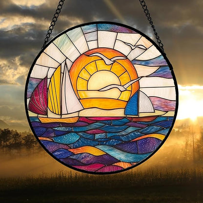 DASTOLL Stained Glass Window Hanging, Sailboat and Waves Suncatcher Diamond Glass Panel Hangings Sun Catchers Decor for Birthday for Women, Men, Wife, Aunt, and Mom 14.9x14.9 in