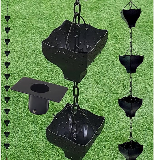 8.5FT Black Tulip Iron Rain Chains for Gutter and Rain Barrel, Replacement for Downspout, Rust-Resistant Plated Garden Décor Rain Chain, Bonus Rain Chain Gutter Adapter, Earrings for House