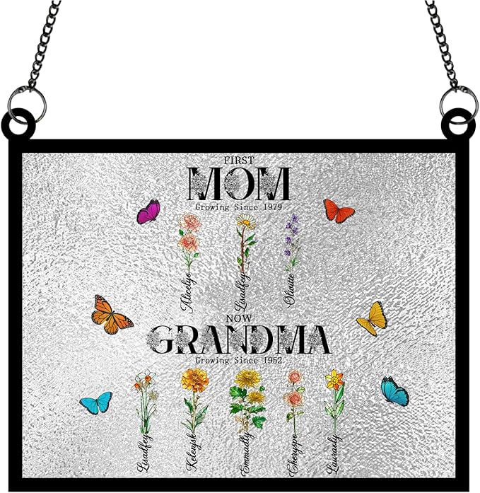 Personalized First Mom Now Grandma Stained Glass Suncatchers, Custom Name Birth Month Flowers Window Hanging Ornament, Mothers Day Grandmas Garden Gifts for Grandma Mom (Rectangle 4)