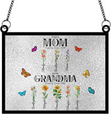 Personalized First Mom Now Grandma Stained Glass Suncatchers, Custom Name Birth Month Flowers Window Hanging Ornament, Mothers Day Grandmas Garden Gifts for Grandma Mom (Rectangle 4)