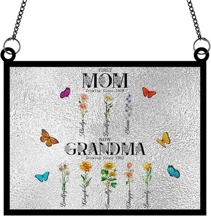Personalized First Mom Now Grandma Stained Glass Suncatchers, Custom Name Birth Month Flowers Window Hanging Ornament, Mothers Day Grandmas Garden Gifts for Grandma Mom (Rectangle 4)