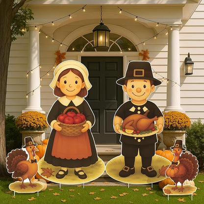 DoubleFill 4 Pcs Thanksgiving Pilgrim Boy and Girl Yard Sign Fall Turkey Lawn Stakes Happy Thanksgiving Decoration Outdoor Harvest Party Supplies