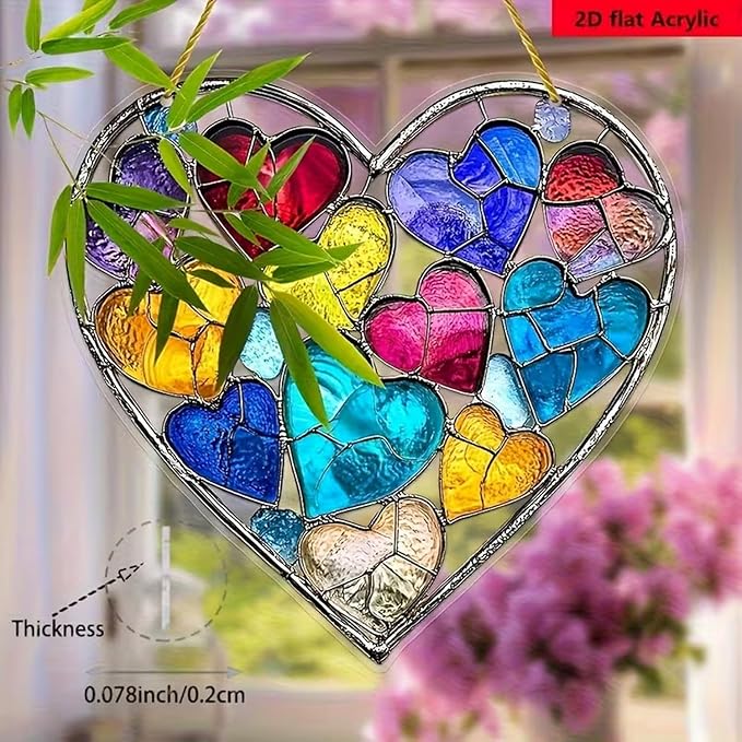 Valentine's Day Sun Catcher for Window Hanging with Colorful Hearts Designs Acrylic Suncatchers Hanging Ornaments Romantic Valentine's Room Decor，Housewarming Women Decor Gifts