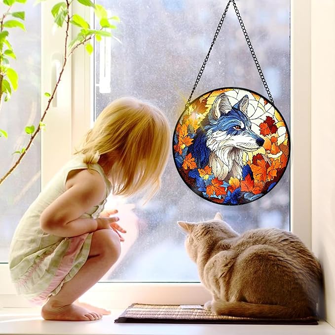 Bimkole Wolf Stained Glass Suncatcher Window Hanging - Animals Design for Indoor Window or Doorway Decoration - 7.87x7.87 inch with Chain and Hook - Unique Home Decor Gift