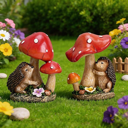 TERESA'S COLLECTIONS Garden Decor, Set of 2 Cute Hedgehogs and Mushrooms Garden Decor, Waterproof Resin Garden Statue, Hedgehogs Gift, Garden Gift for Women Mom, Indoor/Outdoor