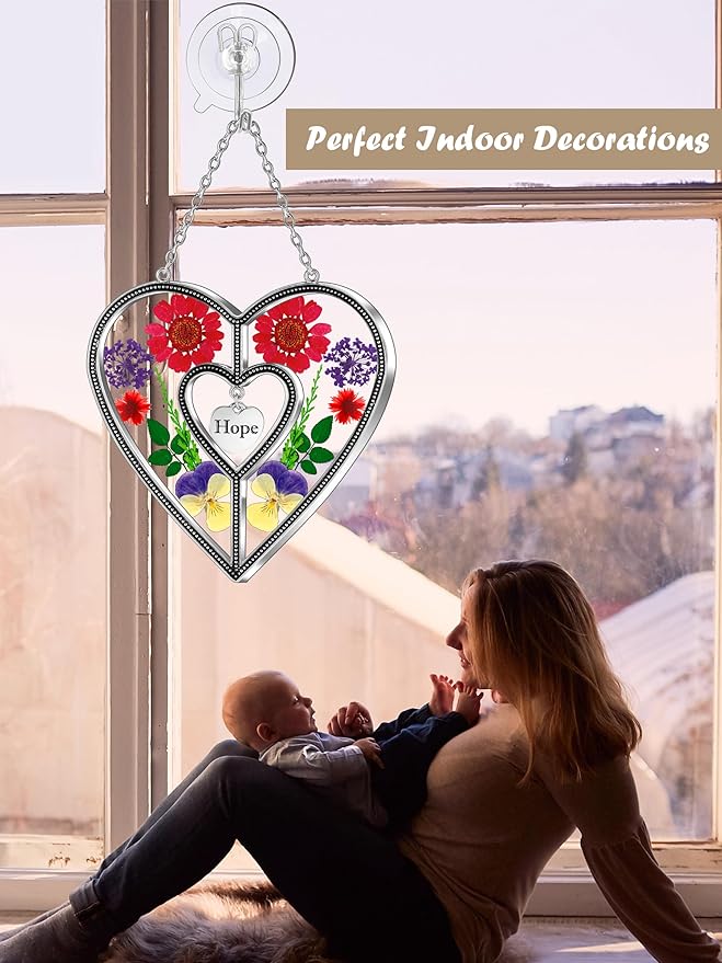 KY&BOSAM Heart Suncatchers Hope Stained Glass Hangings for Windows Sun Catcher with Unique Pressed Real Flower in Heart for Home Garden Decor Birthday Gifts for Women Mothers Day Christmas Ornament