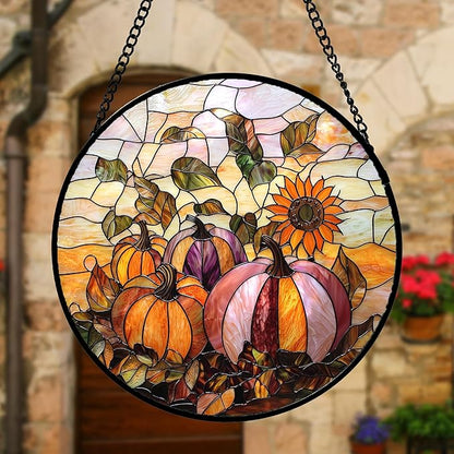 DASTOLL Stained Glass Window Hanging, Pumpkin Sunflower Suncatcher Diamond Glass Panel Sun Catchers Decor for Birthday for Women, Men, Wife, Aunt, and Mom 11.8x11.8 in