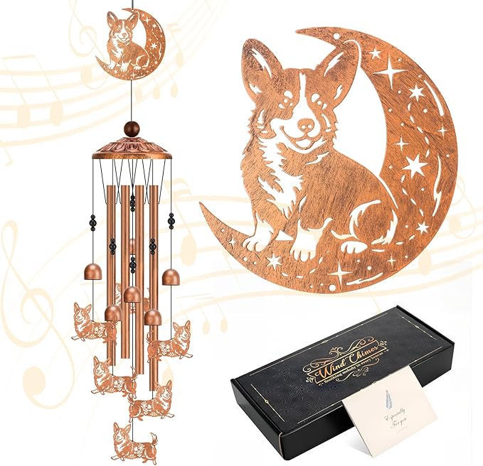 Moon Corgi Wind Chimes for Outside Metal Windchimes Corgi Gifts for Women Men Garden Decor for Patio Yard Memorial for Dog Lovers