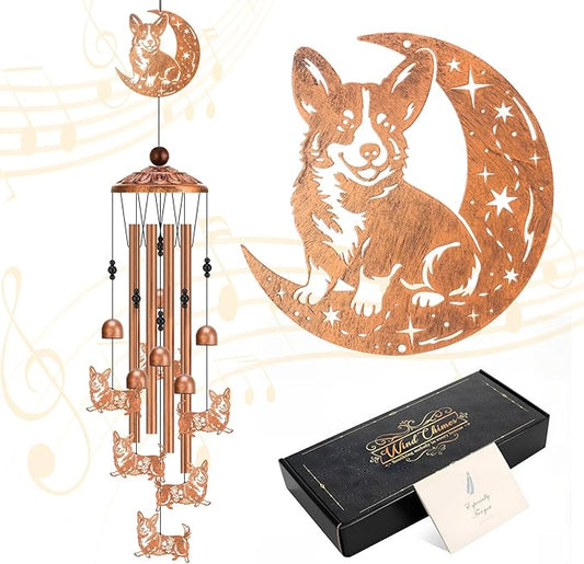 Moon Corgi Wind Chimes for Outside Metal Windchimes Corgi Gifts for Women Men Garden Decor for Patio Yard Memorial for Dog Lovers
