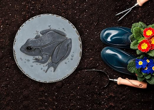 NAT & Jules Animal Character Dimensional Indoor Outdoor 12 inch Round Cast Resin Decorative Garden Stepping Stone, Patio, Walkway Sculpture Yard Art, Stone Grey Frog