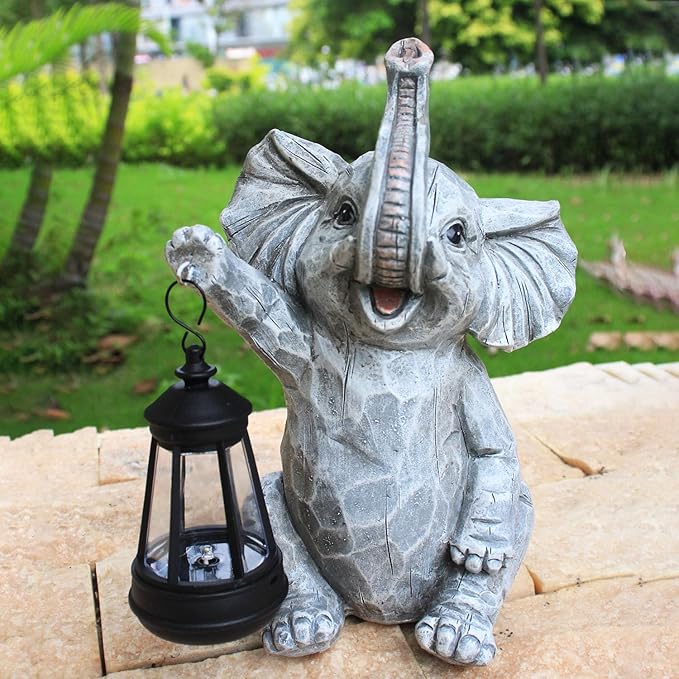 Garden Statues Elephant Solar Figurine Decor Outdoor Waterproof Lights, Yard Decorations Outdoor, Garden Decor Unique Birthday Housewarming Gifts for Mom (Elephant 2)