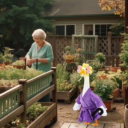 Shyyween Old Lady Porch Goose Outfit 23 Inch Cement Plastic Lawn Goose Statue Clothes Winter Pjs Purple Bathrobe and Curlers Coffee Cup Crutch Set
