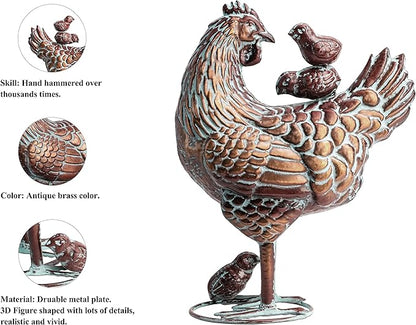 Metal Mother Hen and Chicks Statue for Yard and Garden,13.5" Lx18 H Outdoor Sculptures & Statues, Antique Metal Chicken Yard Art for Home Backyard Patio,Gift for Mom Grandma and Chicken Lovers