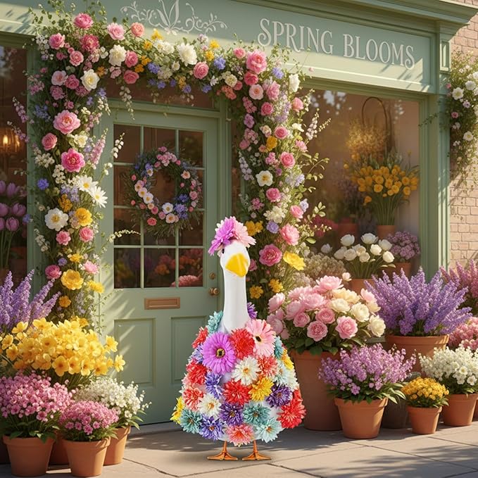 Abbylike 1 Set Spring Flower Porch Goose Outfits Colorful Spring Yard Goose Outfits Costume Clothes Fits Large 23'' Cement for Garden Yard Statue Pathway Decorations