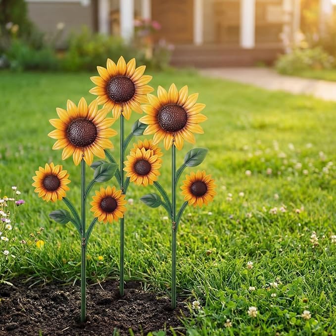 3 Pack Sunflower Garden Stakes Set - Metal Flowers Decoration Spring Summer Outside Yard Art for Lawn, Patio, Pathway