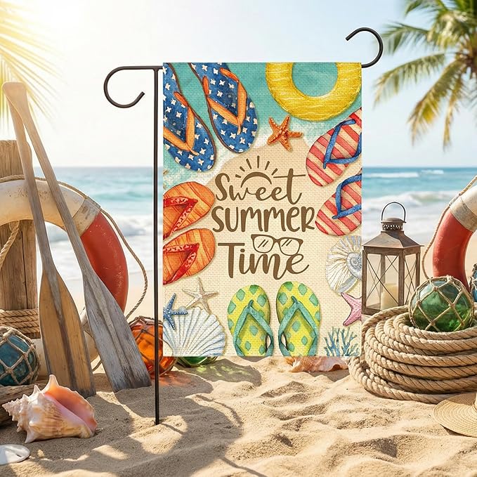 AVOIN colorlife Summer Beach Flip Flops Garden Flag 12x18 Inch Double Sided, Welcome Seasonal Coastal Burlap Yard Outdoor Decoration