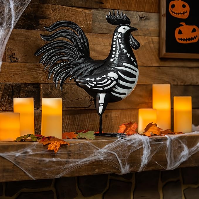 Evergreen Garden 19" Skeleton Rooster Metal Animal Statue | Indoor and Outdoor Safe | Halloween Decoration for Garden Yard Lawn Party | Rustic Farmhouse Chicken Decor