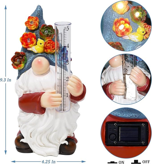 FORUP Resin Gnome Solar Rain Gauges, Resin Garden Gnome Statue with a Plastic Rain Gauge, Hand Painted Gnome Sculpture Water Gauge for Rain