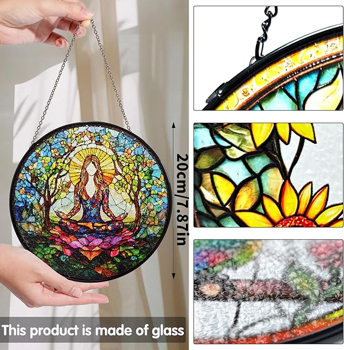 Bimkole Relaxing Woman Stained Glass Suncatcher Window Hanging - Yoga Design for Indoor Window or Doorway Decoration - 7.87x7.87 inch with Chain and Hook - Unique Home Decor Gift