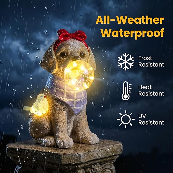 Solar Garden Dog Statue, Detachable Ground Stake, Light Brown Resin Labrador Puppy with LED Bubble and Bird, Waterproof Yard Decor for Patio, Lawn, Porch, Pathway, and Gift Giving