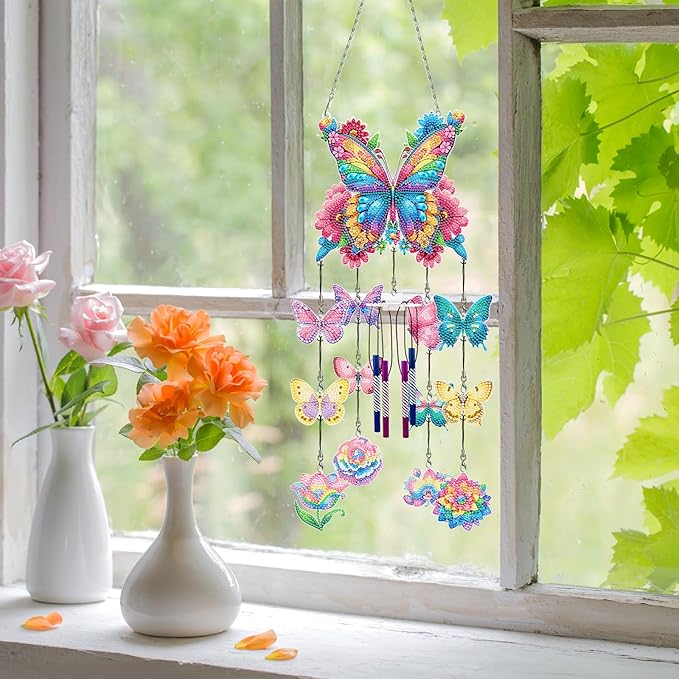 DIY Wind Chime Pendant Spring 3D Diamond Art Painting Hanging Ornament Double Sided Diamond Suncatchers for Window Home Backyard Garden Wall Door Decor (Butterfly03)