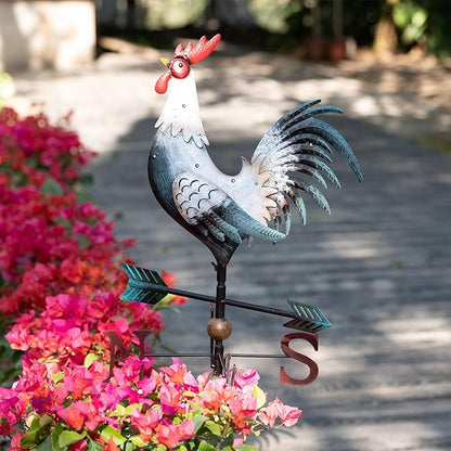 TERESA'S COLLECTIONS Garden Decor with Solar Outdoor Lights, White Rooster Yard Art Sign for Outside, 39.4'' Metal Weathervane Decorative Garden Stake for Outdoor Decor, Lawn, Gifts for Fathers Day