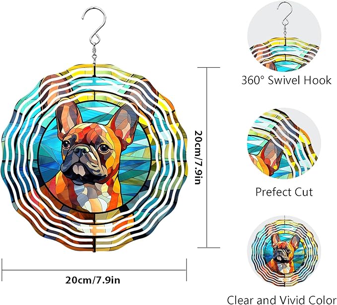 French Bulldog Wind Spinner Pet Dog Memorial Gifts, Vibrant 3D Kinetic Metal Hanging Outdoor Garden Decor, Frenchie Gifts for Dog Lovers, 8" Wind Sculptures for Patio, Porch, Yard Art (Frenchie 5)