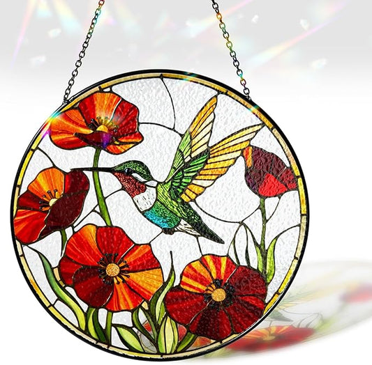 7.8" Hummingbird Stained Glass Suncatcher, Bird Suncatcher for Window Hanging, Sun Catcher Art Decor for Home Garden Housewarming, Gift for Mom, Grandma, Women, Friend, Bird Lover BIRD-30B-SG8