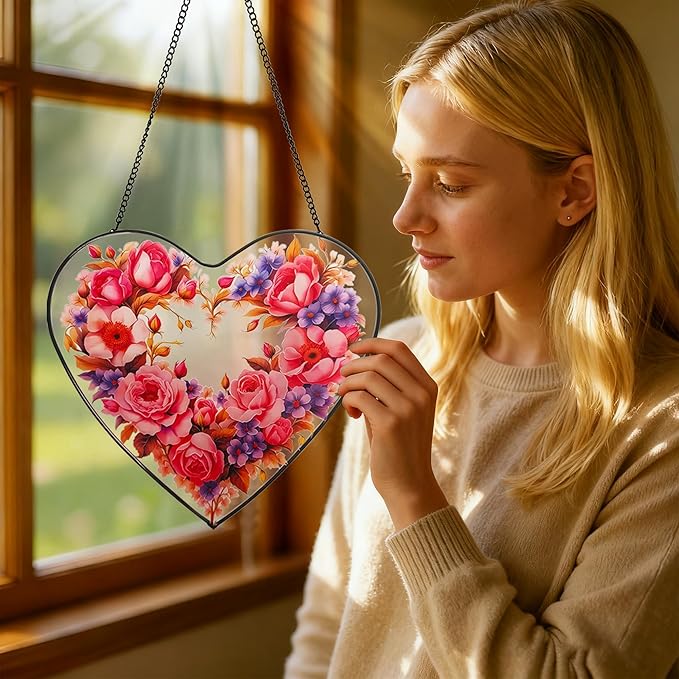 Heart - Shaped Pink Rose Stained Glass Window Hanging, 25cm/9.8in Sun Catcher for Home Garden Decor, Gift for Valentine's Day, Mother's Day (Rose)