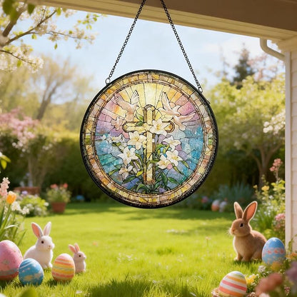 Stained Glass Window Hanging, Cross & Wildflowers Christian Faith Suncatcher Ornament Decoration, Hanging Home Decor for Door Garden Porch, Easter Birthday Religious Gift for Women Mom, 7.8 Inch