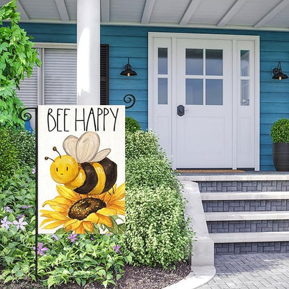 BEE HAPPY Garden Flags for Outside, Summer Watercolor Bee with Sunflower Yard Decoration, Small Seasonal Outdoor Decor for Farmhouse Holiday,12x18 Inch Double Sided
