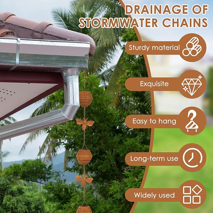 Rain Chains for Gutters Downspout, Outside Downspouts Metal Rain Catcher Diverter, 3.84Ft Retro Rain Chains Decorative with Hook for Windowsill Garden Patio