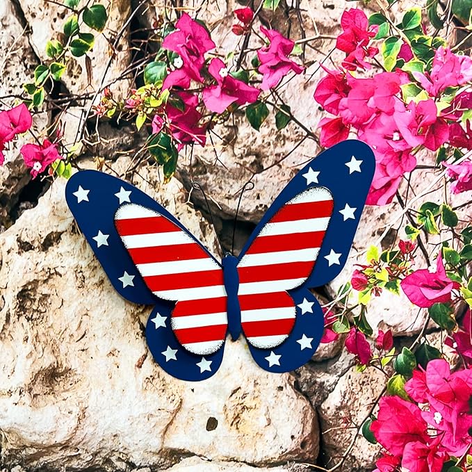 SAGUZOU Rustic Hanging Metal American Flag Patriotic Butterfly Wall Door Yard Signs 4th of July White Blue Red Independence Day Memorial Day Fence Decor Indoor Outdoor Decorations