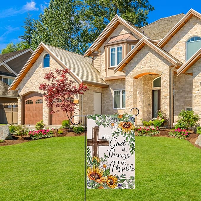 With God All Things Are Possible Christian Decorative Garden Flag, Religious Cross Sunflower Spring Summer Easter Yard Outside Decorations, Inspirational Fall Outdoor Small Home Decor 12 x 18