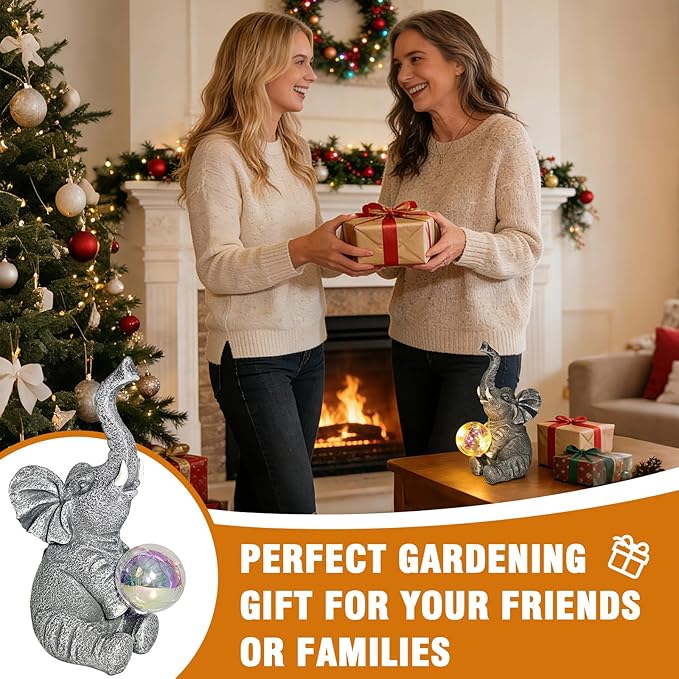 Solar Elephant Statue Garden Decor Outdoor, Garden Statues Yard Decor for Outside, Gardening Gifts for Women, Mom or Birthdays, Elephant Ornaments Yard Art for Yard, Patio, Lawn (Gray Elephant)