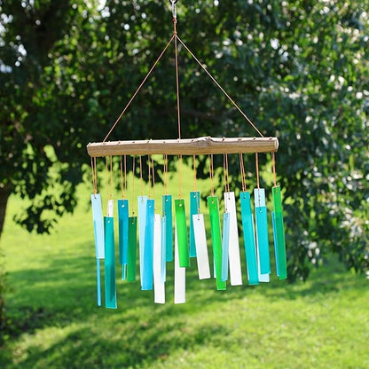 Blue Handworks Sea Glass and Driftwood Chime - Sandblasted Glass and Found Wood Hand Crafted Wind Chime