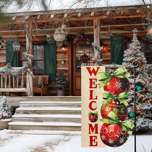 Christmas Garden Flags 12x18 Inch Double Sided, Xmas Ball Ornament Welcome Yard Flag for Outside, Winter Seasonal Outdoor Decoration Farmhouse Front Porch Holiday Decor