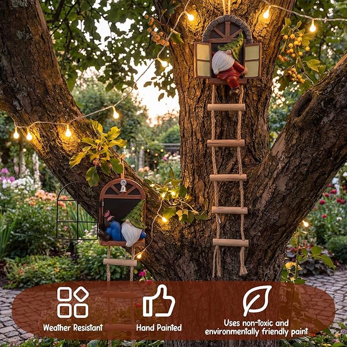 Thyle 4 Pieces Garden Gnomes Outdoor Tree Hugger Gnome Fairy Statue Elf Out the Door Resin Figurine Hanging Ladder Decoration Tree Faces Decor Outdoor for Patio Yard Lawn (Woodland Style)