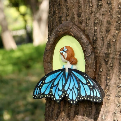 Fairy Out The Window Tree Hugger Garden Statue, Glow in The Dark Resin Fairy Figurine Wall Art Sculpture Outdoor Tree Faces Decor for Patio Lawn Yard Ornaments (Blue)