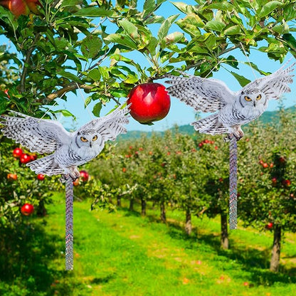 4Pack Plastic Owl Fake Owls, Reflective Owl Hanging Decoration, Barn Swallow Deterrent Dual-Side Printed Raster Fake Hawk for Garden Patio Windows
