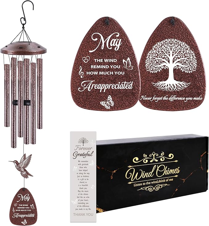 Thank You Wind Chimes for Outside: Thank You Gifts for Men Women, Mental Hummingbird Wind Chime, Thoughtful Appreciation Gift Set for Mom Friends Coworker Employee Teacher