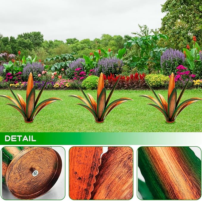 NIDONE Metal Yard Art, 9 Leaves Metal Agave Yard Art Tequila Rustic Garden Sculpture Statue for Garden Lawn Ornaments (Green)