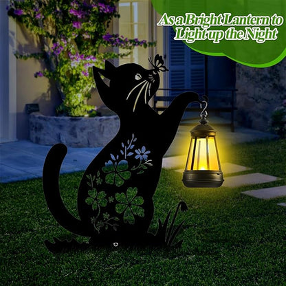 Tfro & Cile Cat Solar Light Outdoor Garden Lantern Stake Black Cat Halloween Decor with Butterfly Silhouette Decoration for Yard Lawn Patio
