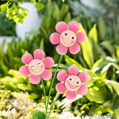 Glitzhome Happy Face Flower Yard Stake, 36”H Metal Flower Stakes with Triple Smiling Design, Iron Garden Yard Spring Decor or Wall Decor
