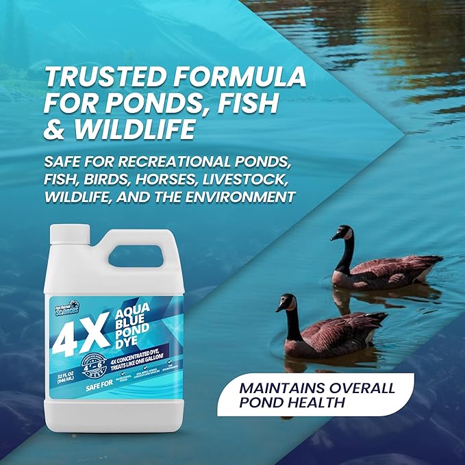 32oz Aqua Blue Pond Dye 4X Concentrate, Lake & Pond Dye Blue for Aqua Colored Water, Ideal Lake Colorant, Aquashade Colorant that Protects Against Sunlight - Ideal for Fish and Wildlife
