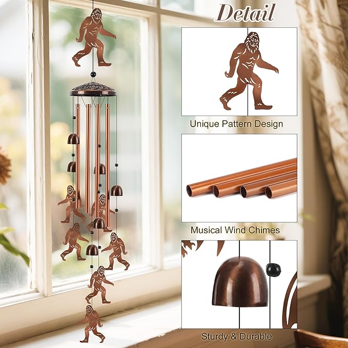 Large Wind Chimes for Outside, Bigfoot Sasquatch Metal Wind Chime with 4 Aluminum Tubes, Deep Tone Outdoor Windchime for Patio Garden Yard, Unique Gift for Men Women
