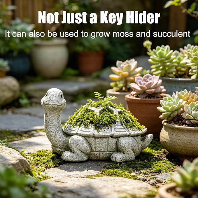 Turtle Planter Key Holder Box Waterproof Outdoor Hide-A-Key Succulent Pot with Drainage Succulent or Moss Planter on Turtle Shell Unique Garden Decor Sculpture Gift for Plant Lovers