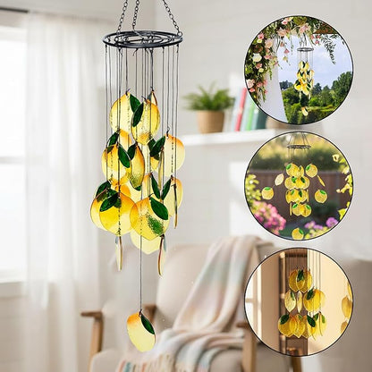 Lemon Stained Glass Wind Chime - Yellow Lemon Wind Chime Window Hanging Ornament Boho Suncatcher Art Pendant for Home Garden Backyard Outdoor Spring Decor Girl Women Birthday Housewarming Gift