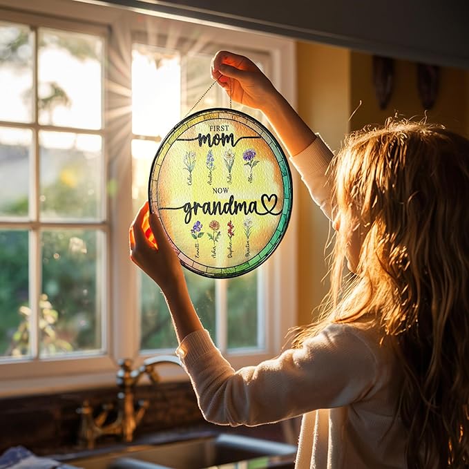 Personalized First Mom Now Grandma Birth Flower Stained Glass Window Hanging Ornament, Custom Birth Month Flowers with Kids’ Names, Floral Art Decoration, for Mom Grandma